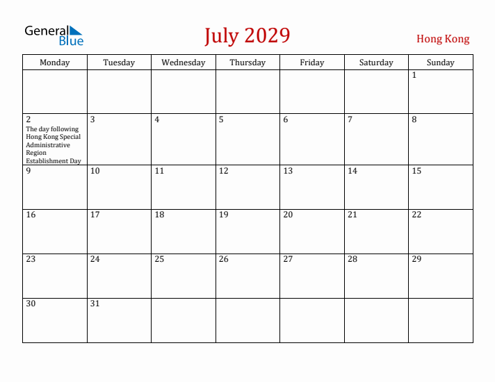 Hong Kong July 2029 Calendar - Monday Start