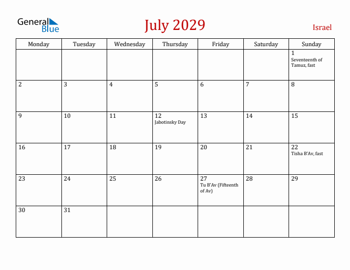 Israel July 2029 Calendar - Monday Start