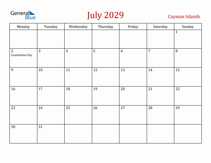 Cayman Islands July 2029 Calendar - Monday Start