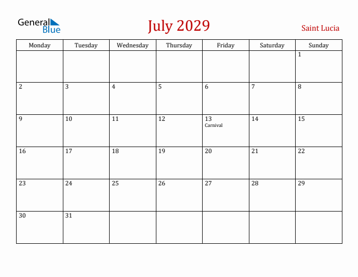 Saint Lucia July 2029 Calendar - Monday Start