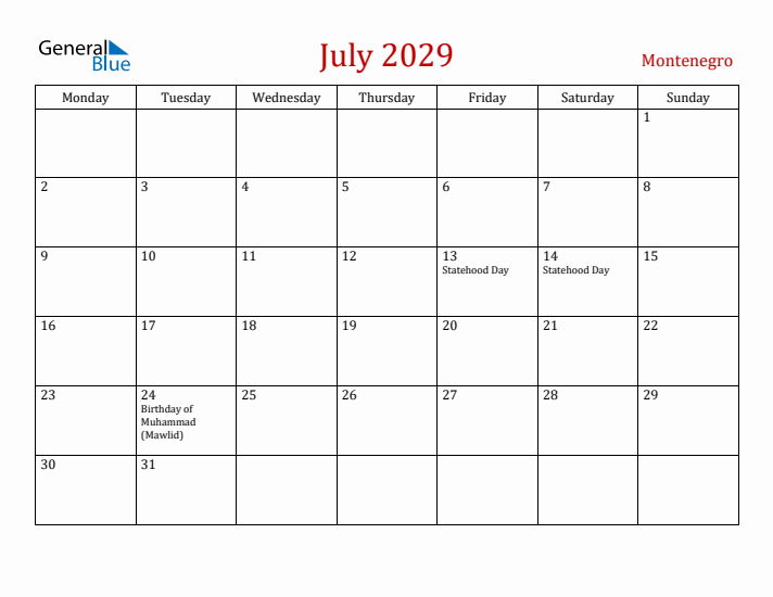 Montenegro July 2029 Calendar - Monday Start