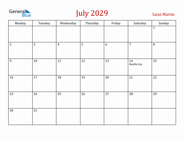 Saint Martin July 2029 Calendar - Monday Start