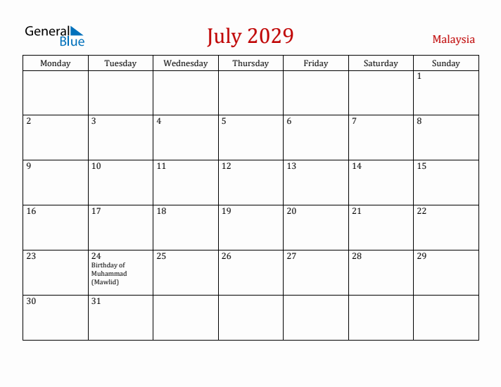 Malaysia July 2029 Calendar - Monday Start