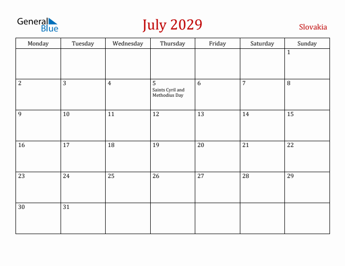 Slovakia July 2029 Calendar - Monday Start