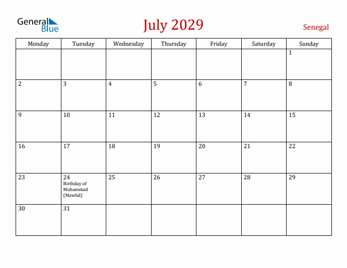 Senegal July 2029 Calendar - Monday Start