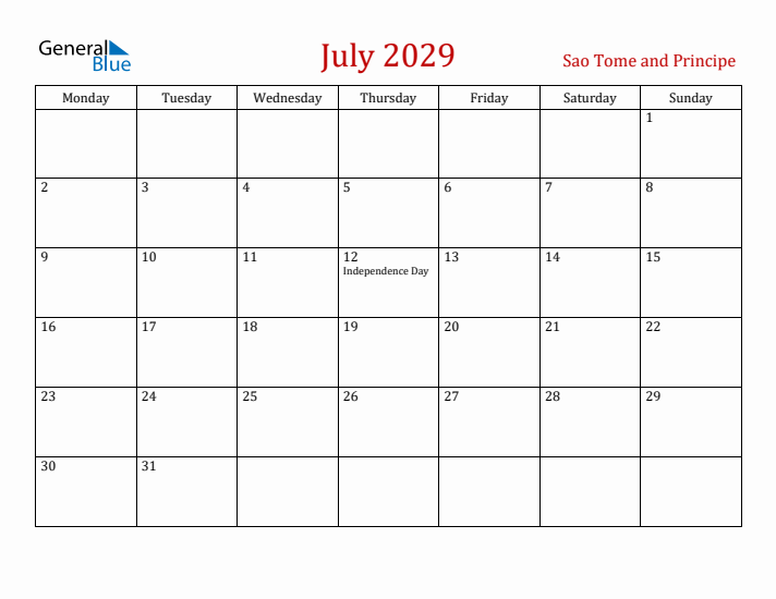 Sao Tome and Principe July 2029 Calendar - Monday Start