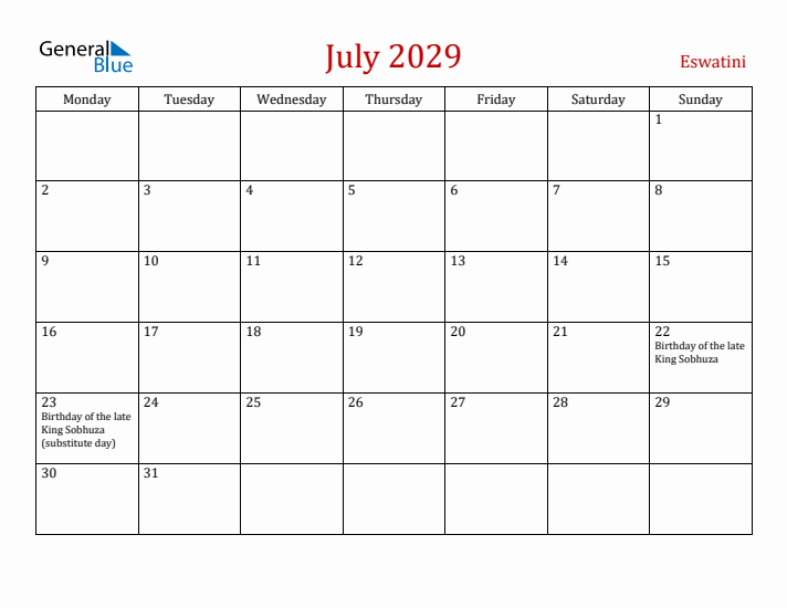 Eswatini July 2029 Calendar - Monday Start