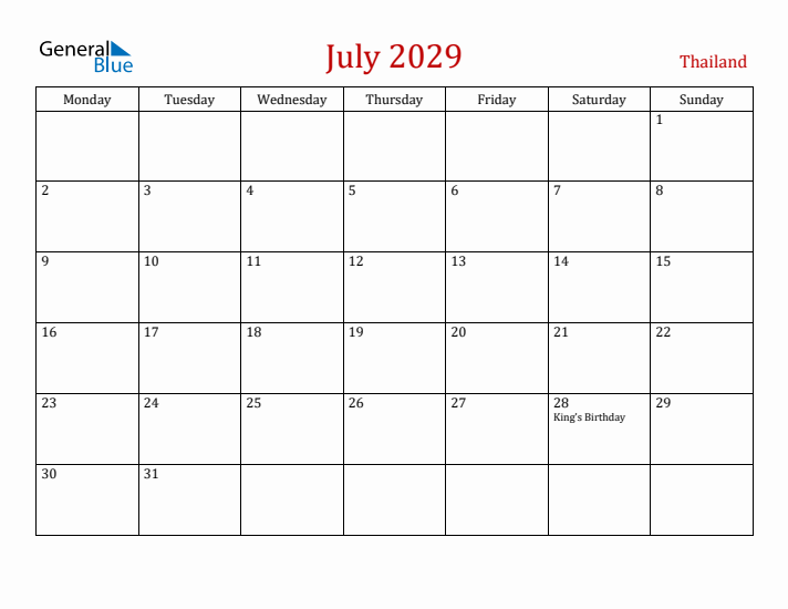 Thailand July 2029 Calendar - Monday Start