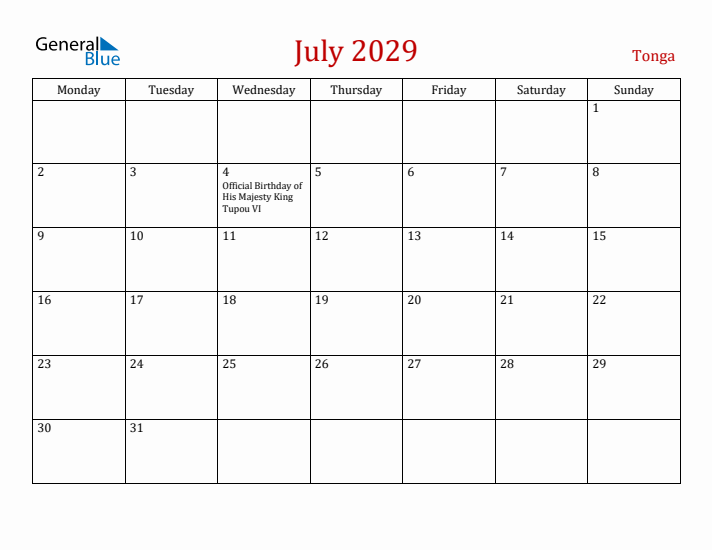 Tonga July 2029 Calendar - Monday Start