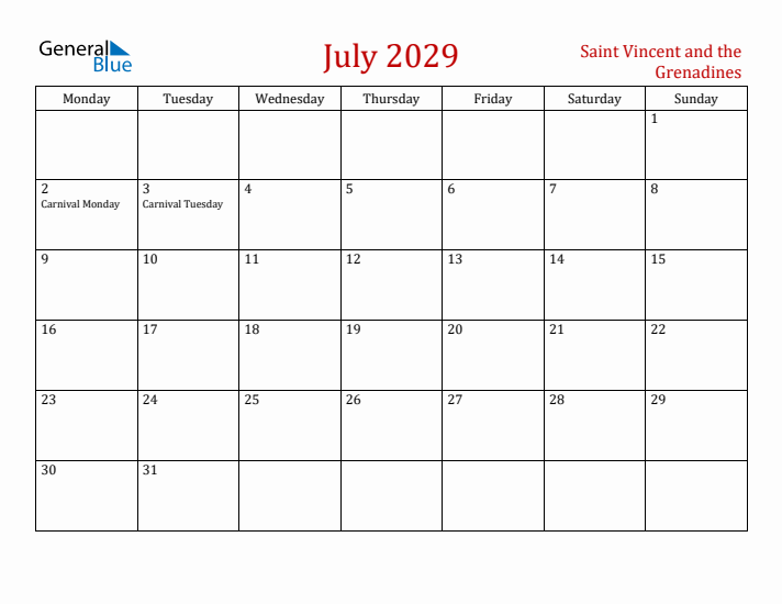 Saint Vincent and the Grenadines July 2029 Calendar - Monday Start
