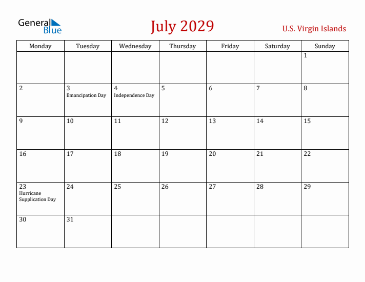 U.S. Virgin Islands July 2029 Calendar - Monday Start