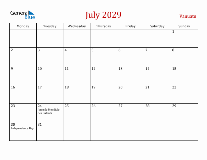 Vanuatu July 2029 Calendar - Monday Start