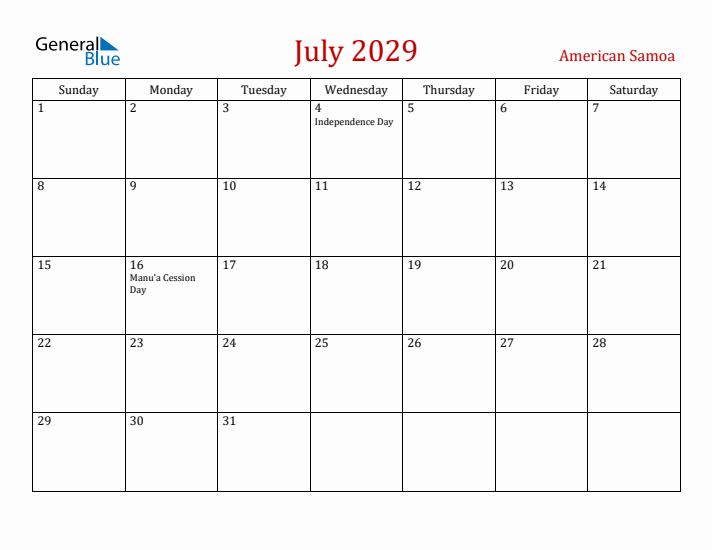 American Samoa July 2029 Calendar - Sunday Start