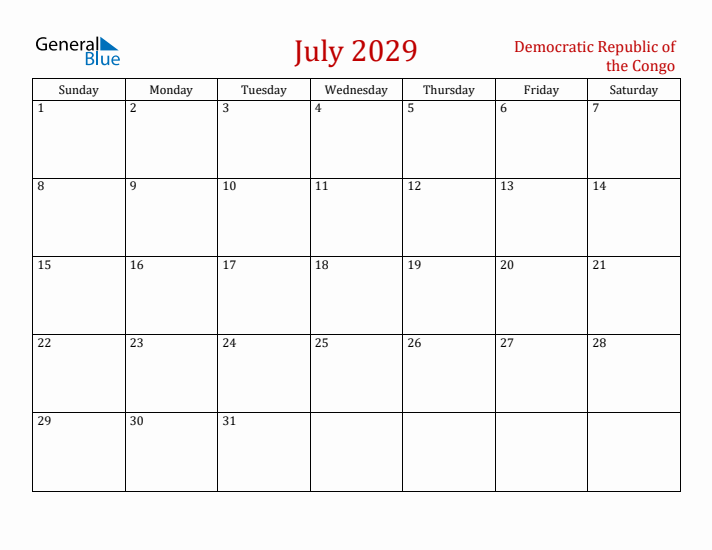 Democratic Republic of the Congo July 2029 Calendar - Sunday Start