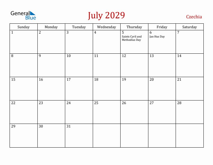 Czechia July 2029 Calendar - Sunday Start