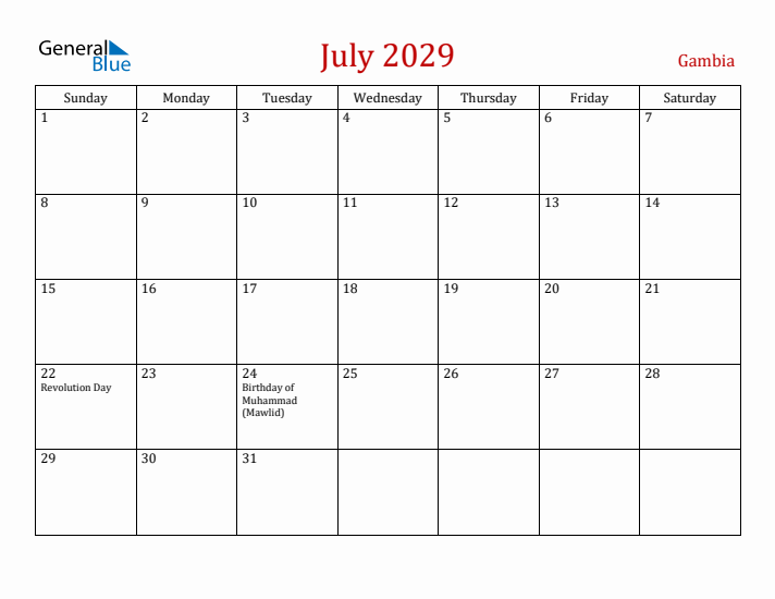 Gambia July 2029 Calendar - Sunday Start