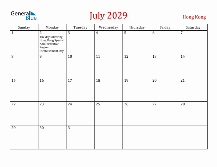 Hong Kong July 2029 Calendar - Sunday Start