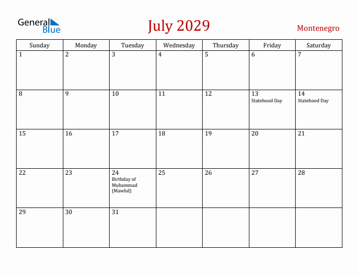Montenegro July 2029 Calendar - Sunday Start