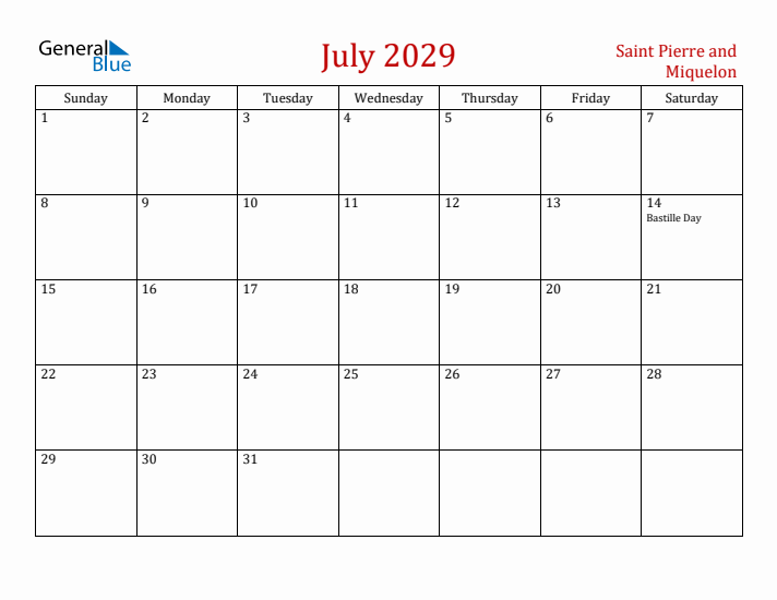 Saint Pierre and Miquelon July 2029 Calendar - Sunday Start