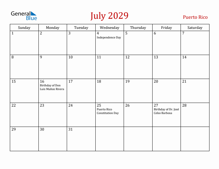 Puerto Rico July 2029 Calendar - Sunday Start