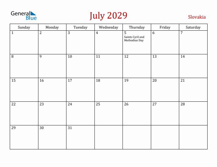 Slovakia July 2029 Calendar - Sunday Start