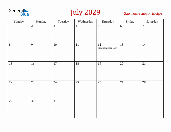 Sao Tome and Principe July 2029 Calendar - Sunday Start
