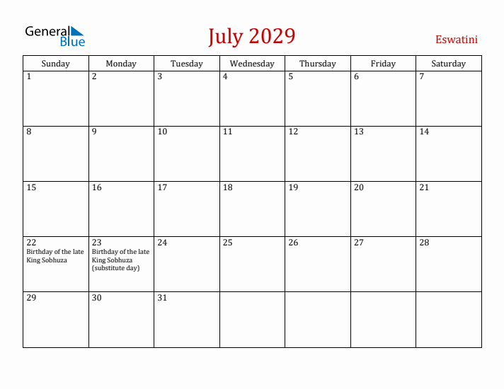 Eswatini July 2029 Calendar - Sunday Start