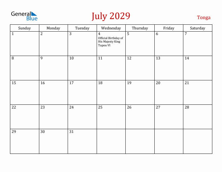 Tonga July 2029 Calendar - Sunday Start