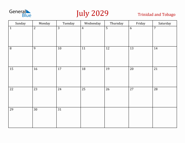 Trinidad and Tobago July 2029 Calendar - Sunday Start