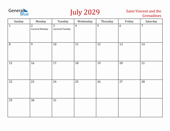 Saint Vincent and the Grenadines July 2029 Calendar - Sunday Start