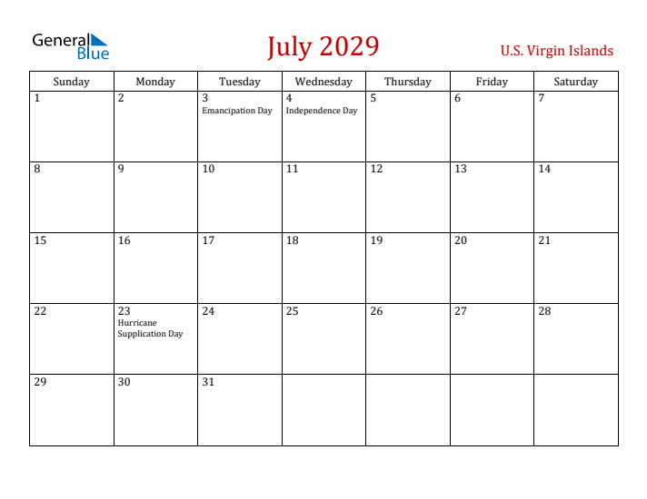 U.S. Virgin Islands July 2029 Calendar - Sunday Start