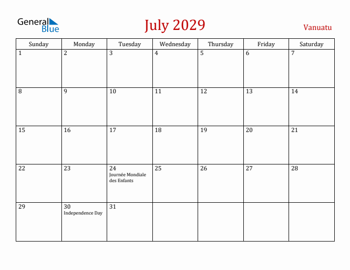Vanuatu July 2029 Calendar - Sunday Start
