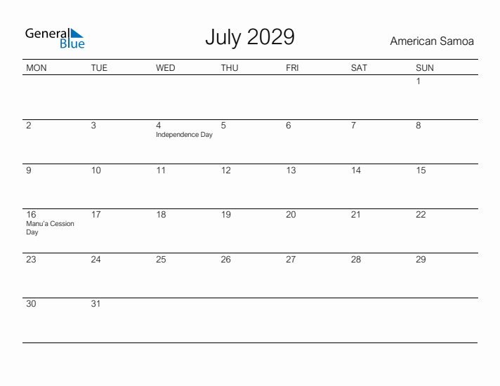 Printable July 2029 Calendar for American Samoa