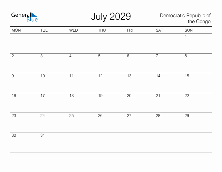 Printable July 2029 Calendar for Democratic Republic of the Congo