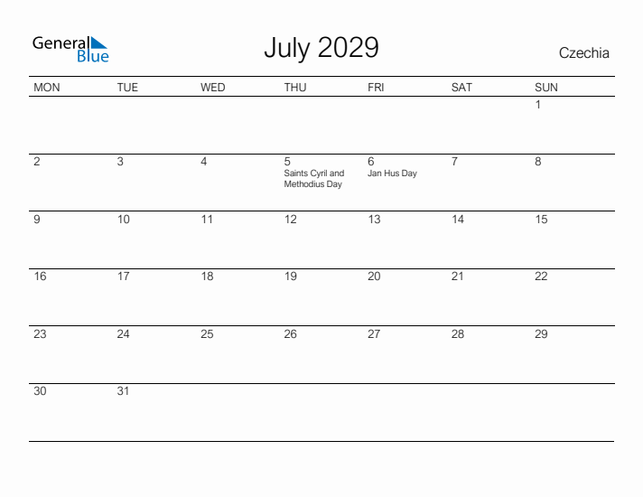 Printable July 2029 Calendar for Czechia