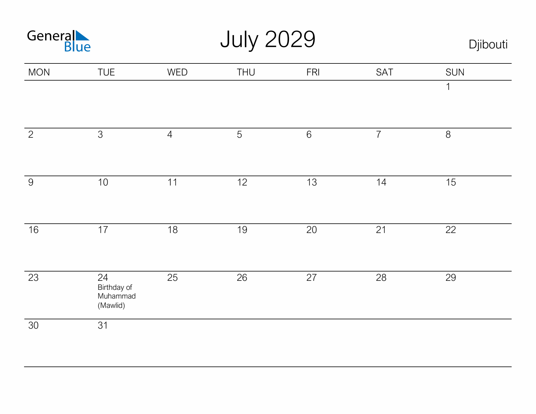 Printable July 2029 Calendar for Djibouti