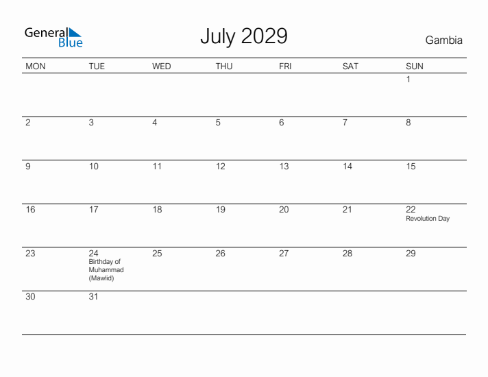 Printable July 2029 Calendar for Gambia