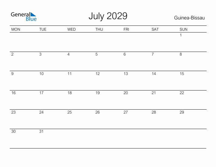 Printable July 2029 Calendar for Guinea-Bissau