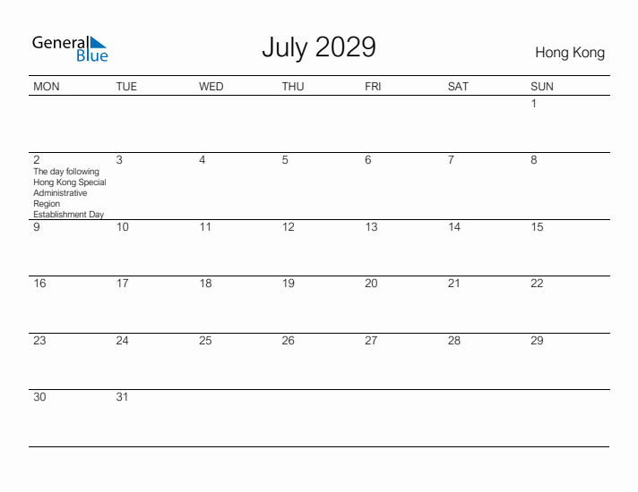 Printable July 2029 Calendar for Hong Kong