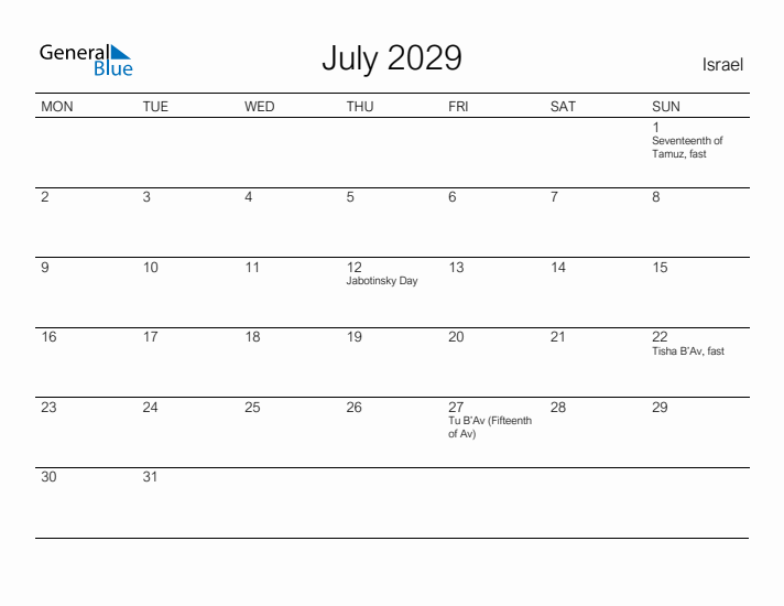 Printable July 2029 Calendar for Israel