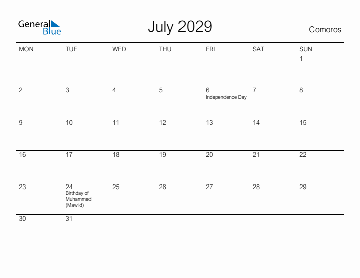 Printable July 2029 Calendar for Comoros