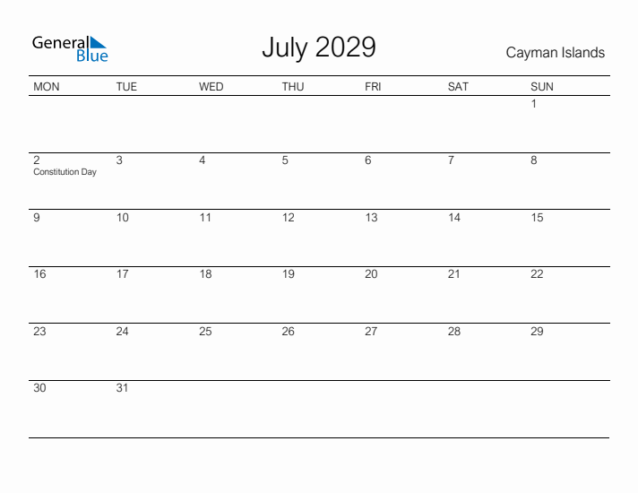 Printable July 2029 Calendar for Cayman Islands