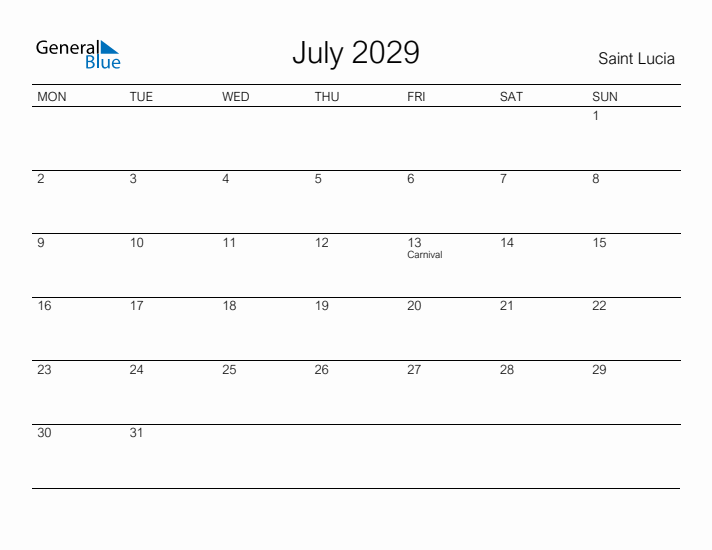 Printable July 2029 Calendar for Saint Lucia