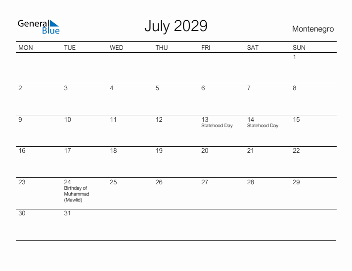 Printable July 2029 Calendar for Montenegro