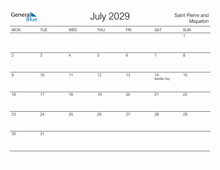 Printable July 2029 Calendar for Saint Pierre and Miquelon