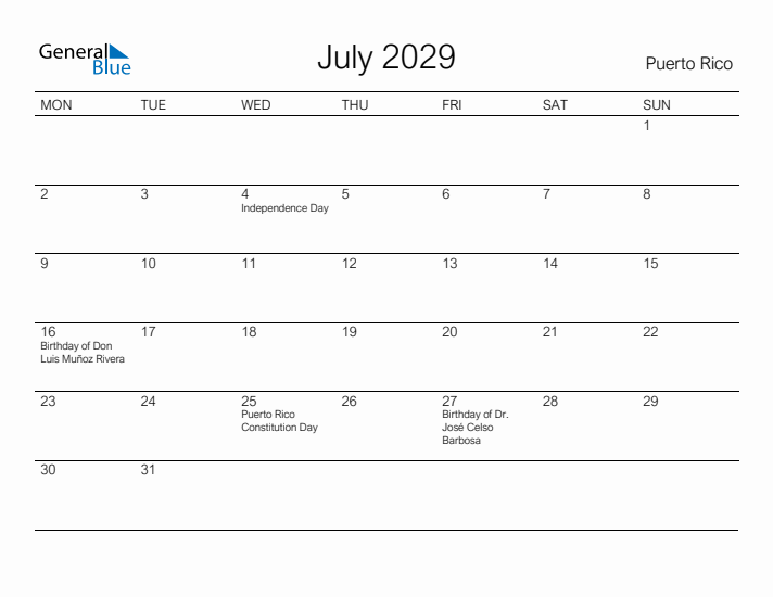 Printable July 2029 Calendar for Puerto Rico