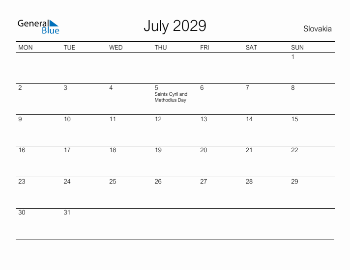 Printable July 2029 Calendar for Slovakia