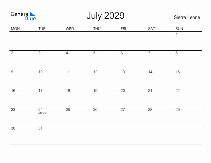 Printable July 2029 Calendar for Sierra Leone