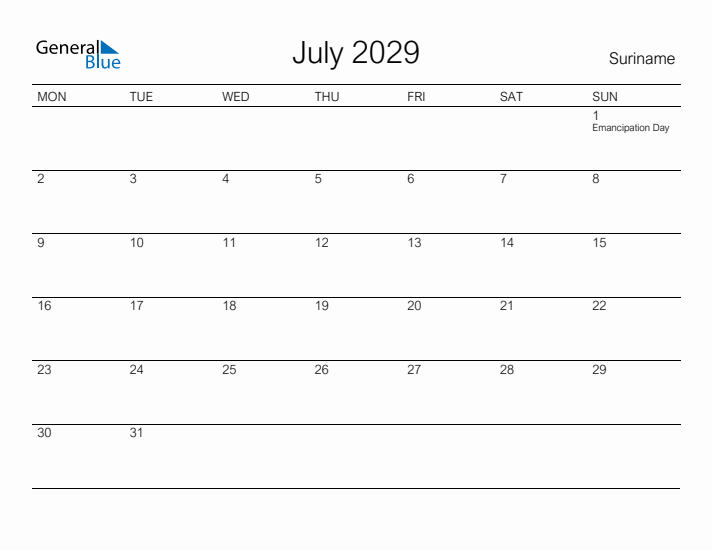 Printable July 2029 Calendar for Suriname