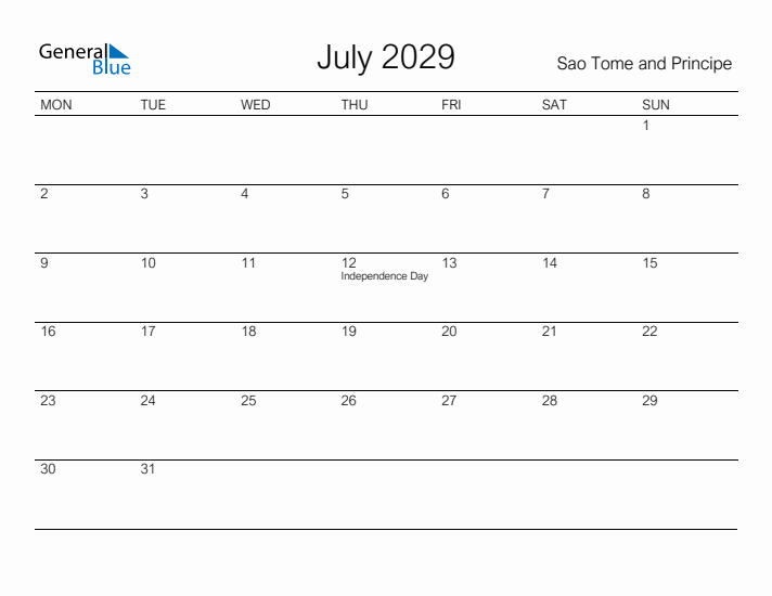 Printable July 2029 Calendar for Sao Tome and Principe